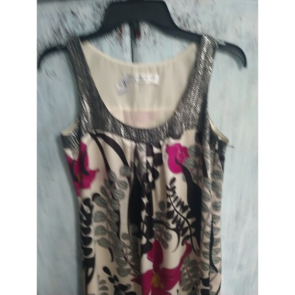 Trina Turk 100% Silk Sleeveles Floral Mini Dress Sz 2 Sequence Boho Summer Artsy - Picture 2 of 10